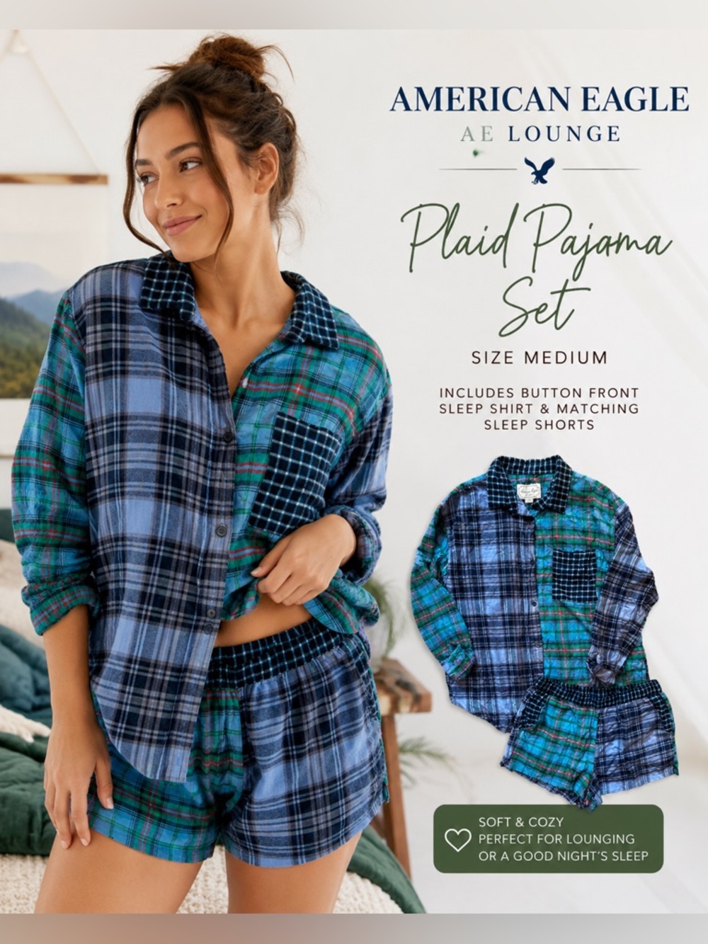 American Eagle AE Lounge Plaid Pajama Set Button Front Sleep Shirt & Shorts